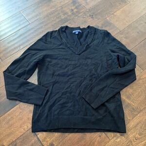 Brooks Brothers 346 Black Merino Wool V-Neck Braided Trim Sweater Women's Medium